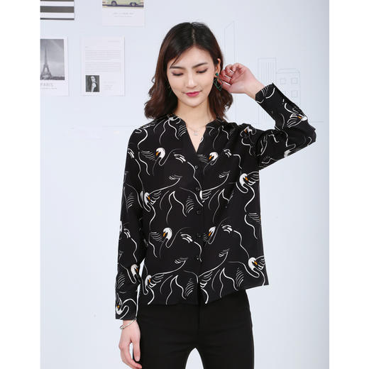 丁摩 白天鹅印花真丝衬衫长袖桑蚕丝碎花上衣19-021-DS399 商品图1