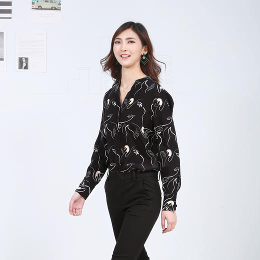 丁摩 白天鹅印花真丝衬衫长袖桑蚕丝碎花上衣19-021-DS399 商品图3