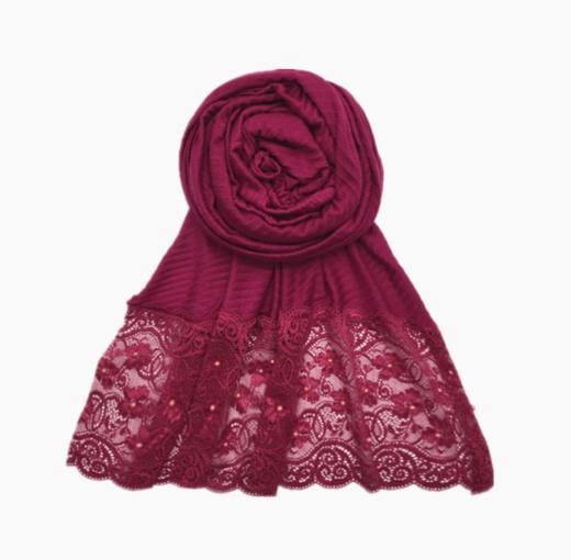 【女士围巾】纯色水溶蕾丝花边围巾女士一头珍珠压皱围巾 商品图1
