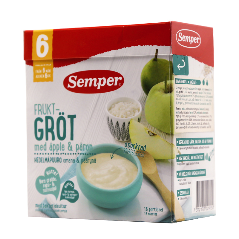 [瑞典]森宝米粉米糊米粥480克 Semper Frukt Grot med apple & paren480g