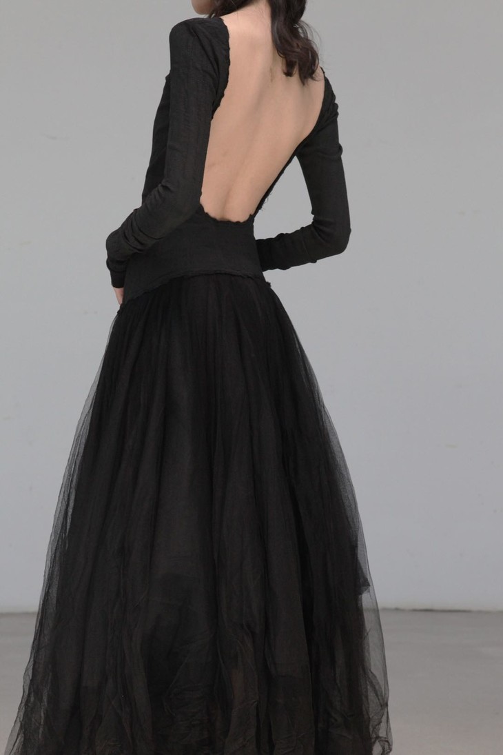 marclebihan21907黑色露背长袖芭蕾舞裙3层纱