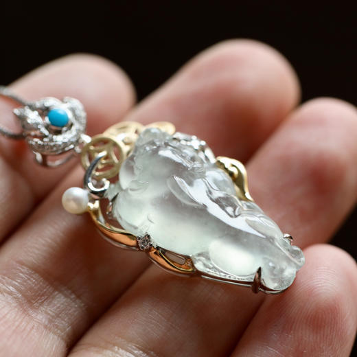 玻璃种翡翠霸王貔貅18k白金钻石镶嵌 商品图9