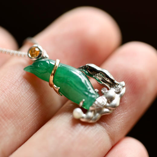 冰种阳绿翡翠企鹅18k白金钻石镶嵌18k白金钻石镶嵌 商品图6