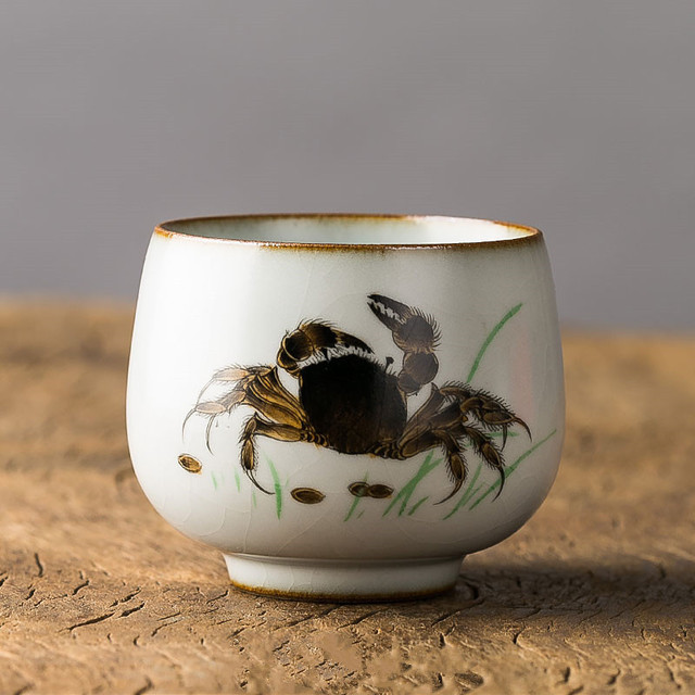 「汝窑手绘横行介士品茗杯」功夫茶杯 开片可养 景德镇手工陶瓷主人杯单杯