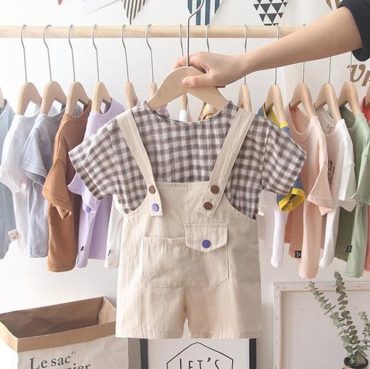 【童装】。宝宝童装夏装韩版格子短袖T恤中小童背带裤男孩两件套 商品图1