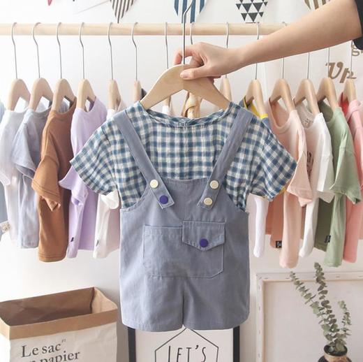 【童装】。宝宝童装夏装韩版格子短袖T恤中小童背带裤男孩两件套 商品图0