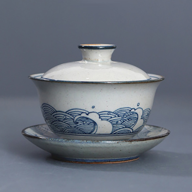 「景德镇传统手绘青花海浪 莲花 缠枝莲 盖碗公道杯」三才碗 泡茶碗 分茶器 复古茶具礼品