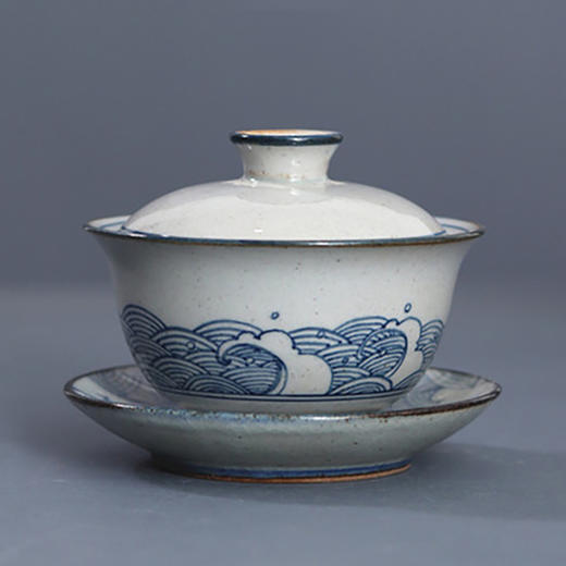 「景德镇传统手绘青花海浪 莲花 缠枝莲 盖碗公道杯」三才碗 泡茶碗 分茶器 复古茶具礼品 商品图0