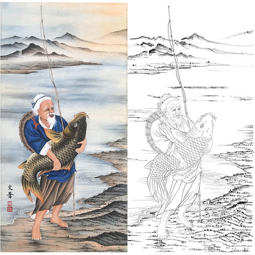 於文普竖幅工笔传统人物白描底稿渔翁多种白描尺寸可选wp17