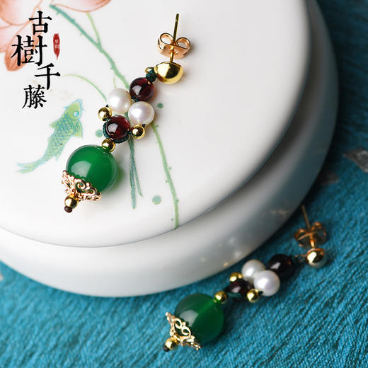 GS-03220177原创绿玛瑙红绿撞色简约个性珍珠镀14k金耳钉 TZW 商品图3