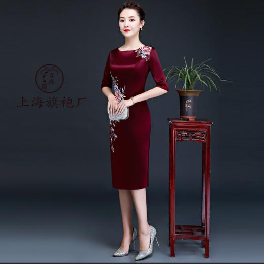 上海旗袍厂LHS-L911酒红色圆领旗袍喜婆婆绣花旗袍裙 商品图3