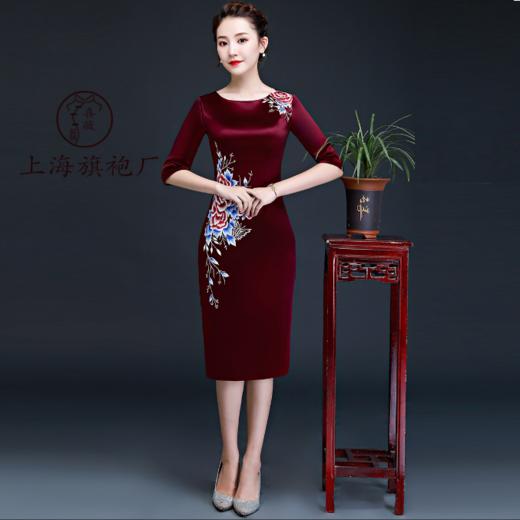 上海旗袍厂LHS-L911酒红色圆领旗袍喜婆婆绣花旗袍裙 商品图1