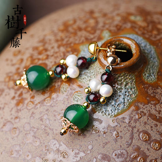 GS-03220177原创绿玛瑙红绿撞色简约个性珍珠镀14k金耳钉 TZW 商品图1