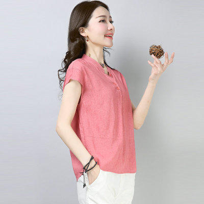 ht 8902 棉麻短袖t恤女宽松韩版夏装新款半袖百搭亚麻衬衫