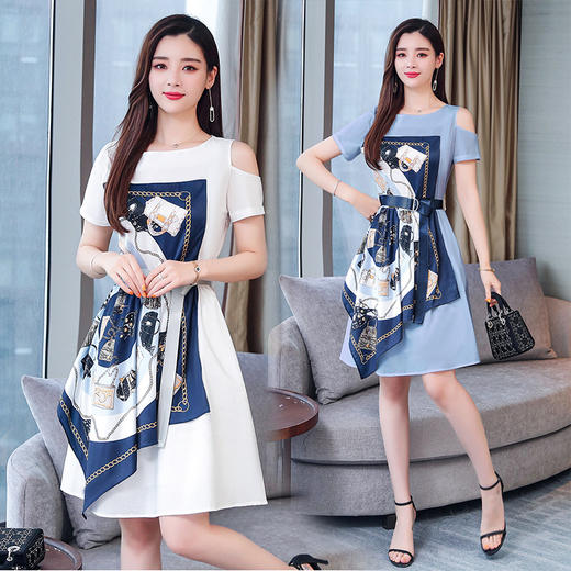 HZN-DM6162夏季新款露肩设计感收腰拼接印花丝巾短袖连衣裙 XCX 商品图0