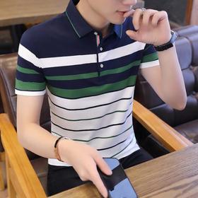 【T恤】.夏季翻领polo衫条纹爸爸装男士短袖t恤修身商务休闲潮流