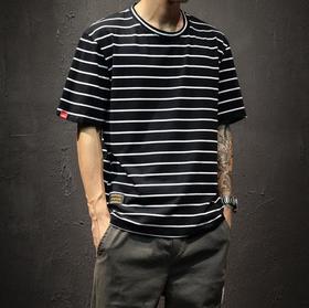 【T恤男】夏季男士短袖t恤 韩版圆领海魂衫潮流条纹半袖体恤潮牌男装上衣服