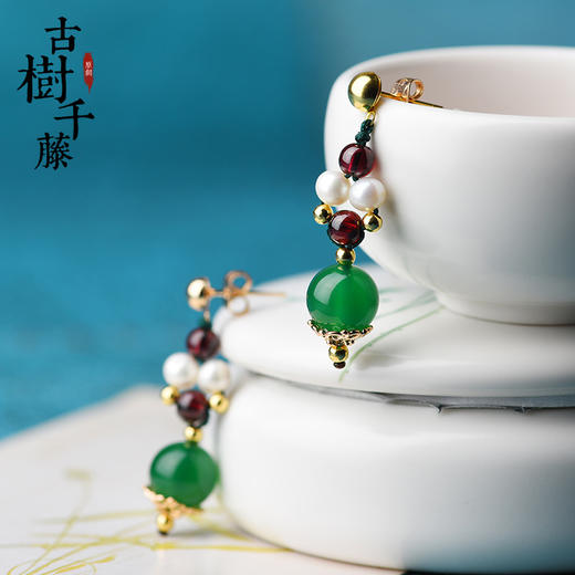 GS-03220177原创绿玛瑙红绿撞色简约个性珍珠镀14k金耳钉 TZW 商品图4