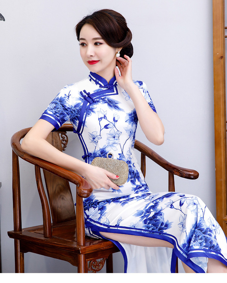 c0052改良优雅性感仿丝日常旗袍青花瓷优