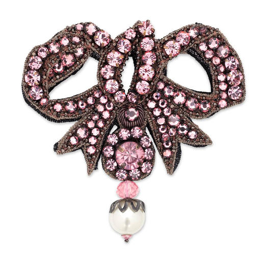 gucci古驰女式古铜色粉色黑色丝绸基底粉晶蝴蝶结胸针ybb34125500100u