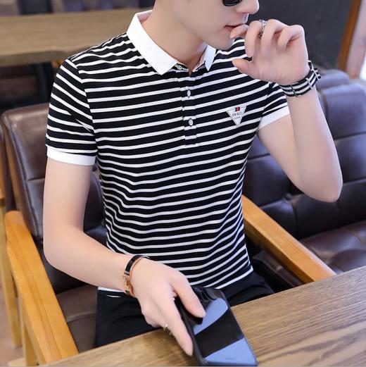 【男士衬衫】。polo衫男有带领青年半截袖T恤韩版修身衬衫领潮流条纹上衣服 商品图0