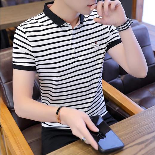 【男士衬衫】。polo衫男有带领青年半截袖T恤韩版修身衬衫领潮流条纹上衣服 商品图1