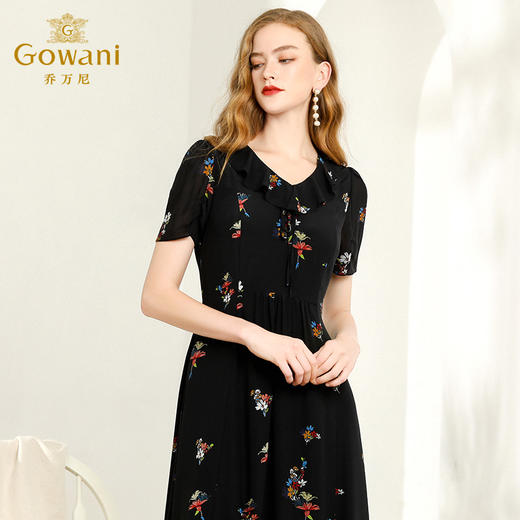 乔万尼桑蚕丝连衣裙女夏装黑色修身显瘦印花气质10mm真丝裙子EN2E605 商品图1