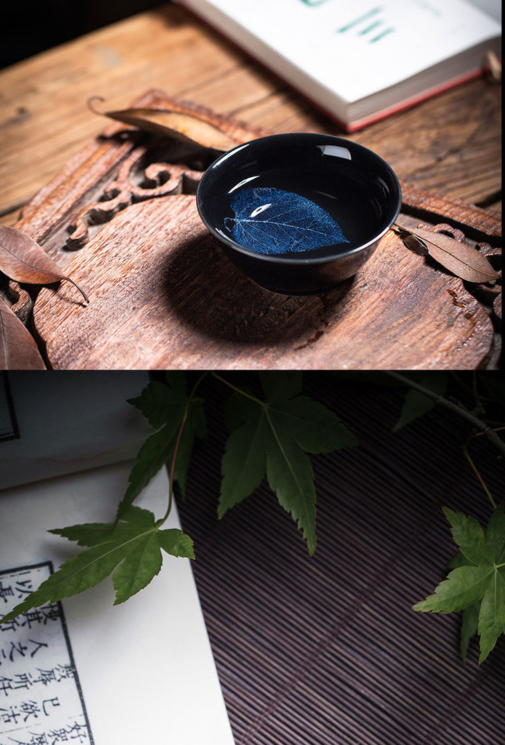 非白造物吉州窑木叶天目冰蓝主人杯斗笠杯