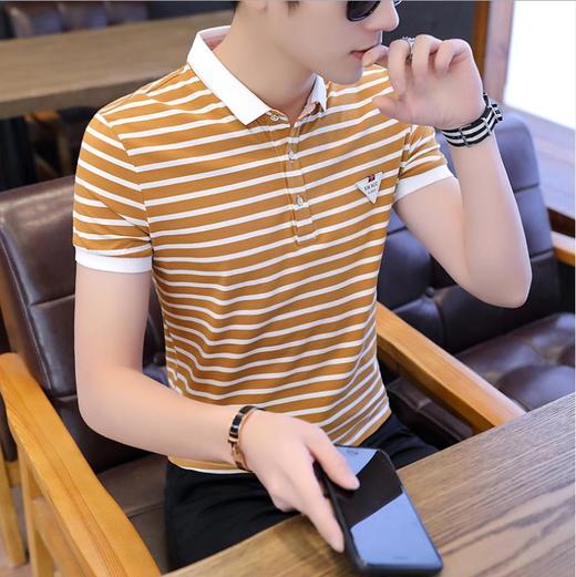 【男士衬衫】。polo衫男有带领青年半截袖T恤韩版修身衬衫领潮流条纹上衣服 商品图2