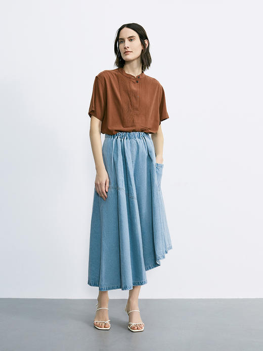 hidemi 新款拿铁色褶皱门襟短袖衬衫