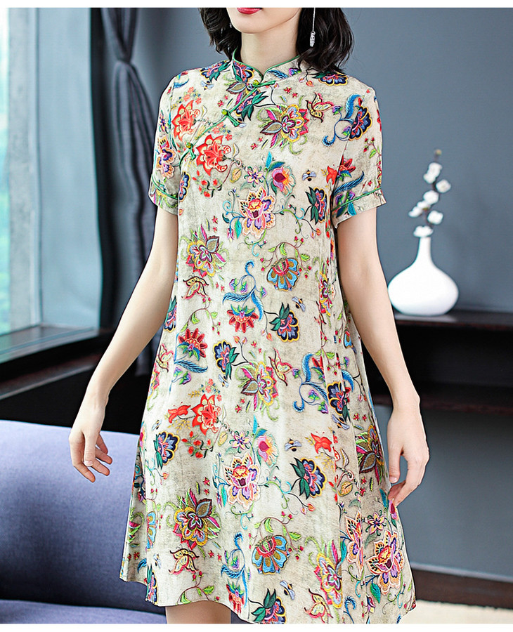 hc-sm190529新款复古真丝印花旗袍裙