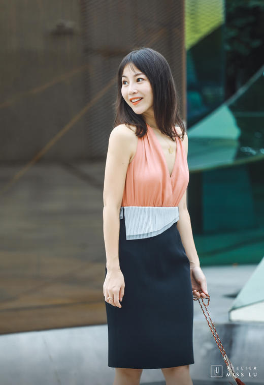 AtelierMissLu / Eva-西柚桔拼色装饰连身裙 商品图3