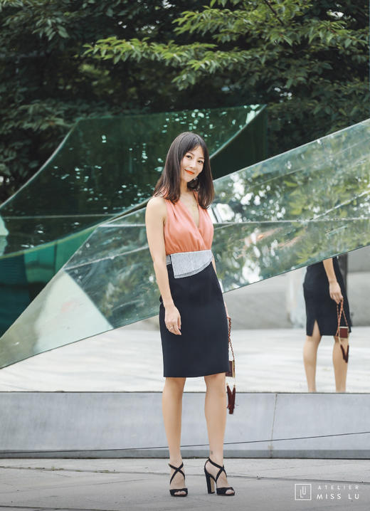 AtelierMissLu / Eva-西柚桔拼色装饰连身裙 商品图6