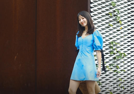 AtelierMissLu / Freda-海风蓝泡泡袖纽扣装饰连身裙 商品图4