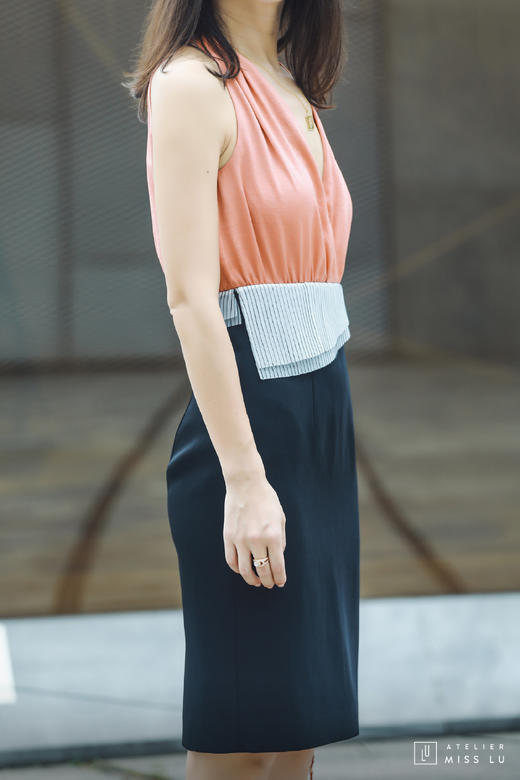 AtelierMissLu / Eva-西柚桔拼色装饰连身裙 商品图8