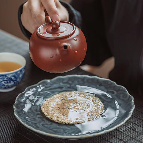 茶具套组-壶承-陶瓷霁蓝祥云瑞鹤壶承（2个起批，单拍不发货） 商品图0