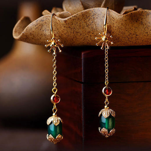 复古绿玛瑙镀金耳坠，时尚民族风耳环 商品图1