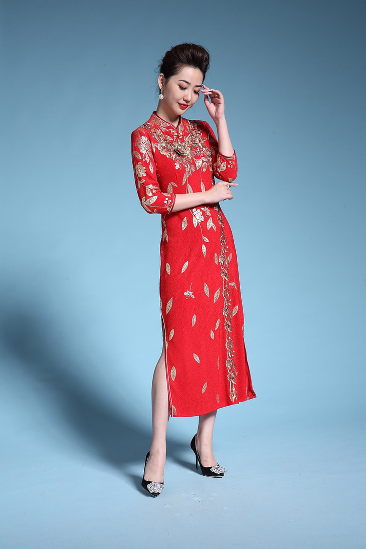ys改良旗袍民族风复古中长款绣花旗袍