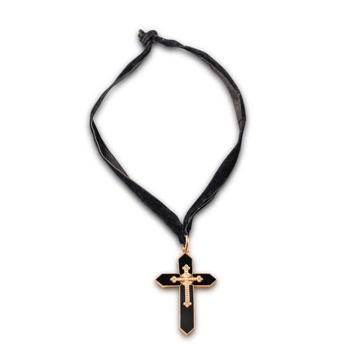 拿破仑三世法国黄金18k天然野生小珍珠黑玛瑙十字架项链