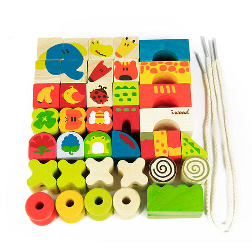 木玩世家爱木积木绳木物语 木制动物串珠益智玩具穿绳玩具积木i3001