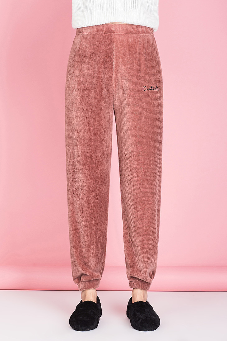 仙女暖暖裤宽松家居休闲法兰绒裤子女刺绣装饰