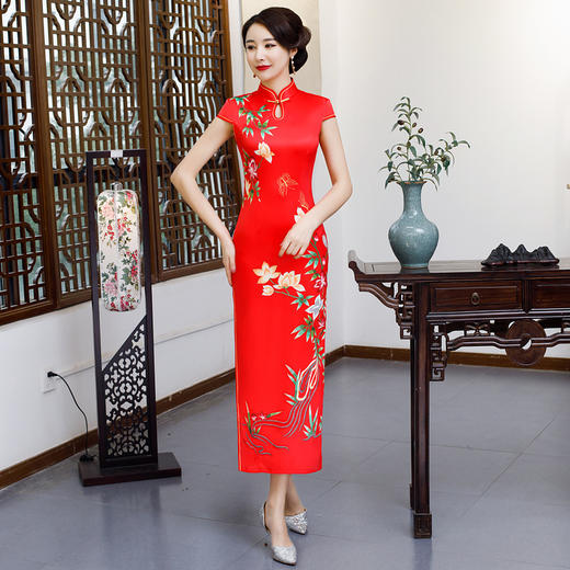 ZA-采莲新款丝绸大码长款中国风旗袍连衣裙 商品图2