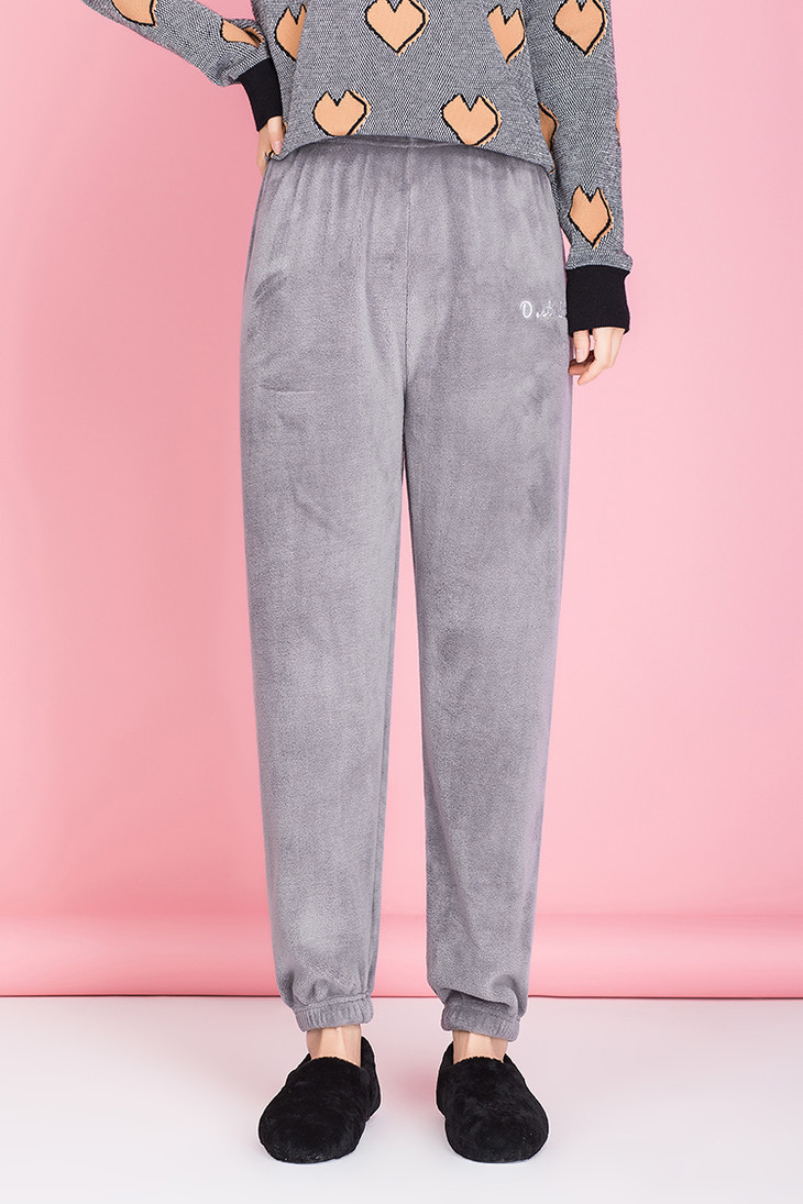 仙女暖暖裤宽松家居休闲法兰绒裤子女刺绣装饰