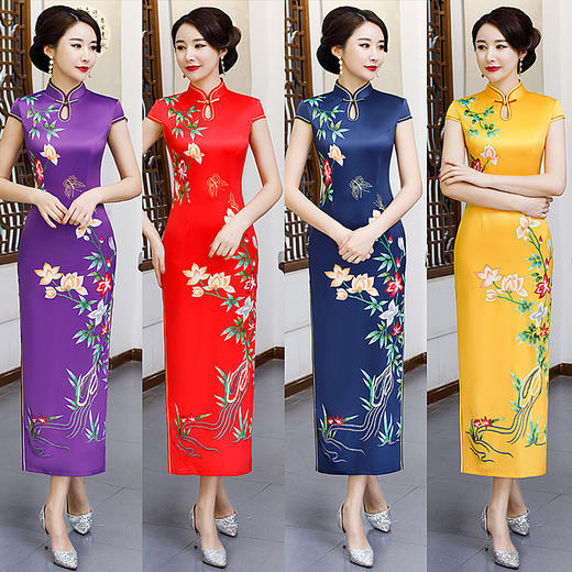 ZA-采莲新款丝绸大码长款中国风旗袍连衣裙 商品图0