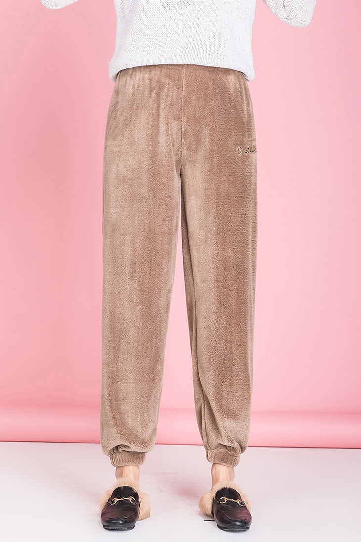 仙女暖暖裤宽松家居休闲法兰绒裤子女刺绣装饰