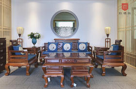 红桥红  家具严选  缅甸花梨(大果紫檀）  【直背 带雕花卷书沙发 八件套】