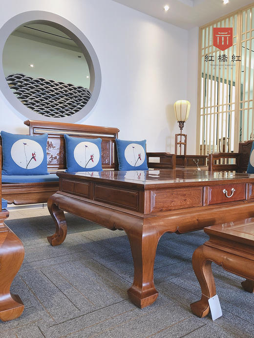 红桥红  家具严选  缅甸花梨(大果紫檀）  【直背 带雕花卷书沙发 八件套】 商品图5