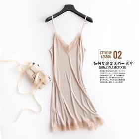 宽松V领花边真丝吊带睡裙性感睡衣蚕丝打底衬裙