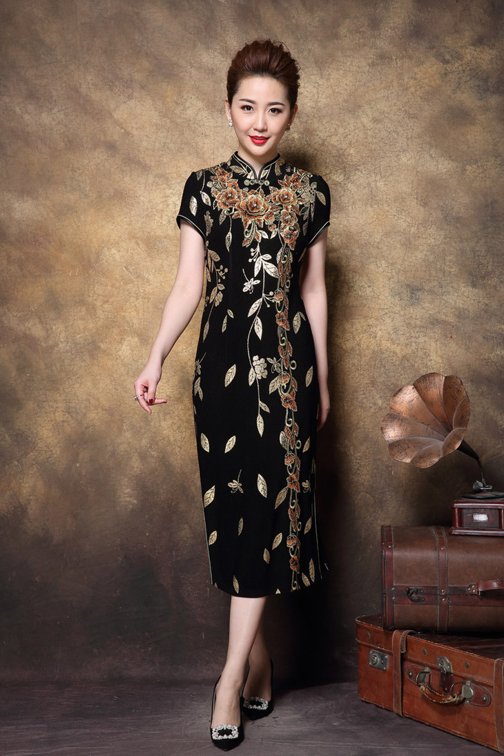 ys改良旗袍民族风复古中长款绣花旗袍
