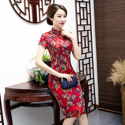 qq-9447新款中式双襟一字扣复古真丝旗袍